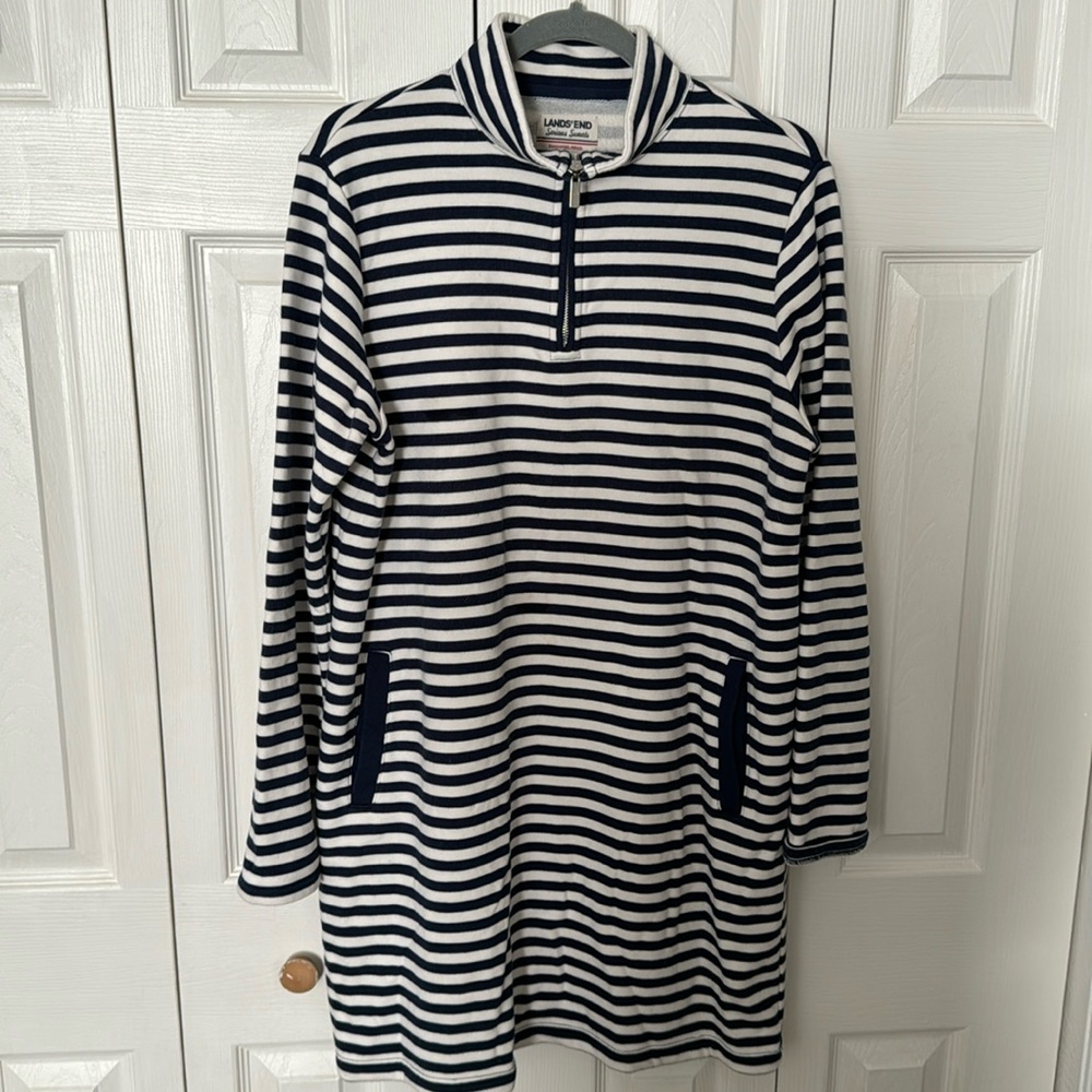 Lands End popover dress navy/cream 1/4 zip size 14/16